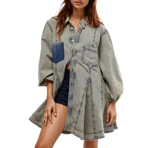 Naeduo Women's Denim Dress Long Balloon Sleeves Buckle A-line Ruffled Jeans Mini Doll Dress With Breast Pocket Summer Womenswear