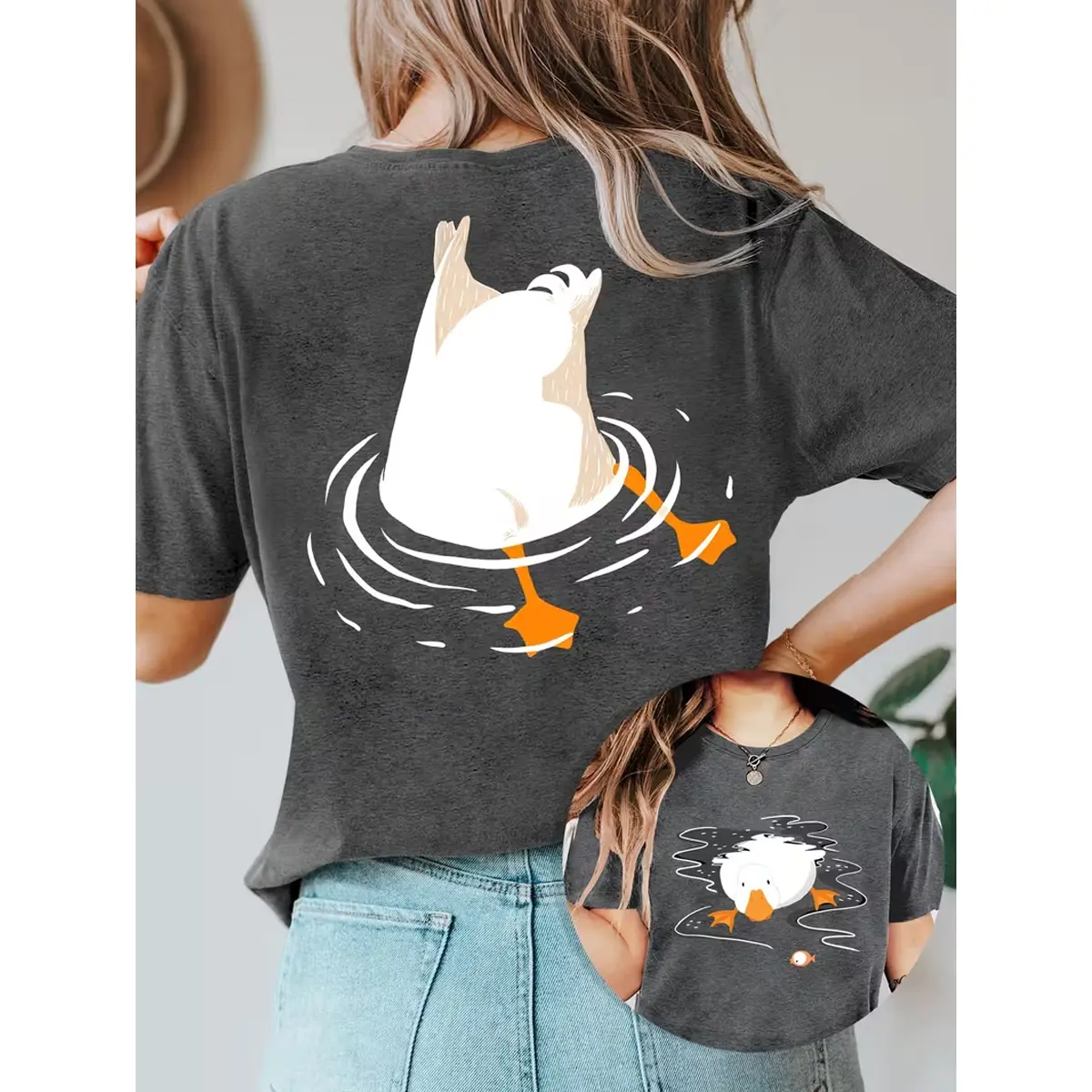 Women'S Summer Clothing, Duck Diving Reversible Print Round Neck Short Sleeve T-Shirt, Comfortable Soft Fashionable Vintage Casual Versatile Athletic Style Top