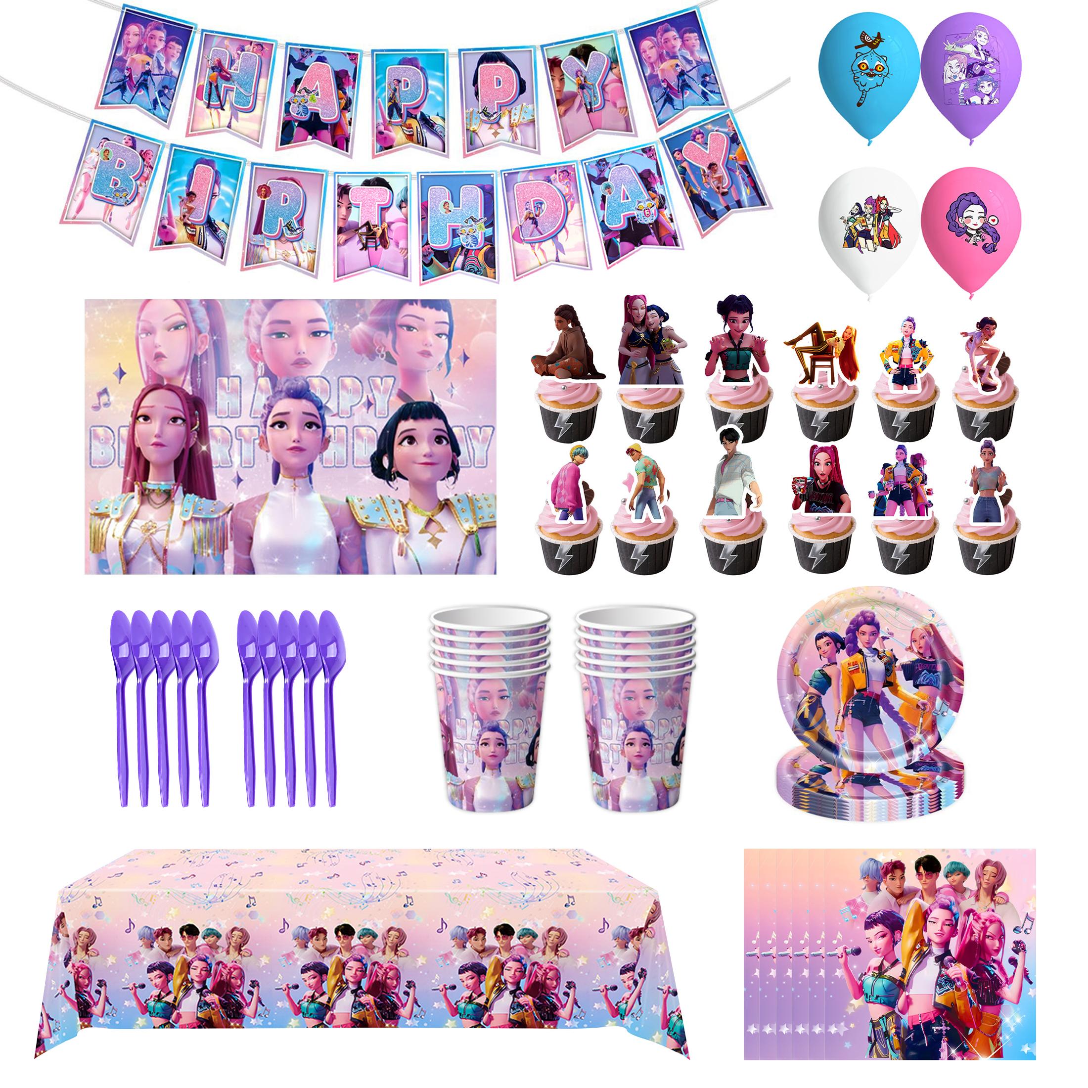 K-POP Witch Hunters Group Birthday Party Decorations Set, 9PCS Complete Party Supplies Kit with Tablecloth Backdrop Balloons Bunting Plates Cups Napkins for Fans Theme Party