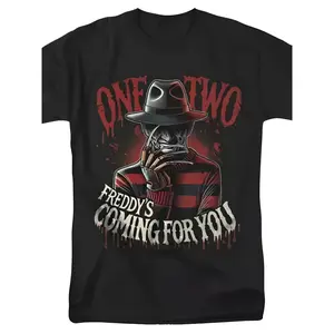 2026 Men's Horror Movie Graphic T-Shirt - ONE TWO COMING for YOU Freddy Krueger Inspired Design - Black Tee with Red Blood Splatter - Breathable Cotton Shirt for Halloween, Casual Wear & Nightmare on Elm Street Fans - Machine Washable Regular Fit