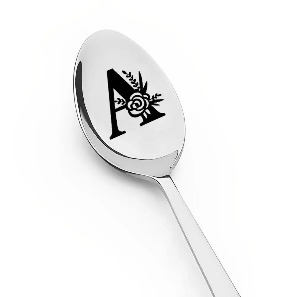 Initials Letter Design Stainless Steel Spoon, 1 Count Coffee Tea Spoon, Kitchen Cutlery for Women, Mother, Grandma, Coffee Lover