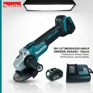 Makita DGA404 Brushless Cordless Angle Grinder is compatible with 125mm grinding wheels and 6.4mm thick grinding discs. It features a no-load speed of 8,500 RPM, and is equipped with an M14 or 5/8-inch spindle. Battery and charger are included. power Kit