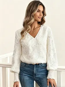 A women's 3D flocking lace pattern lantern sleeve shirt, stylish and versatile, gentle and elegant, suitable for layering or wearing alone, dating and parties, perfect fog and summer.