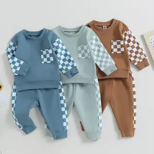 Toddler Baby Boy Girl Fall Winter Clothes Set Checkered Print Pullover Sweatshirt Pants Trousers Outfits Tracksuit