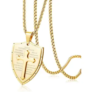 FLORIDECO Shield Armor of God Ephesians 6:16-17, Faith Cross Stainless Steel Pendant Necklace (Gold Tone) Gold Statement Chain Fashion Jewelry Accessories