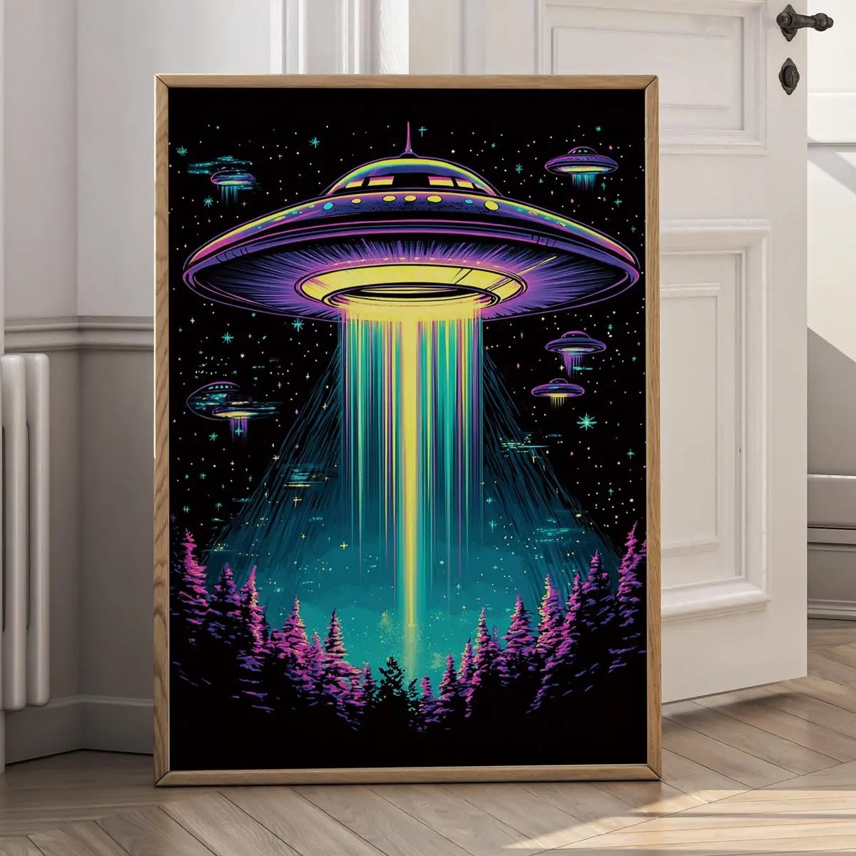 Neon Space Ufo Poster - Cosmic Ufo Galaxy Wall Art - Alien Abduction Printed Art Space Wall Art - Masculine Wall Art - Galaxy Ufo Printing, Room Decor, Unframed