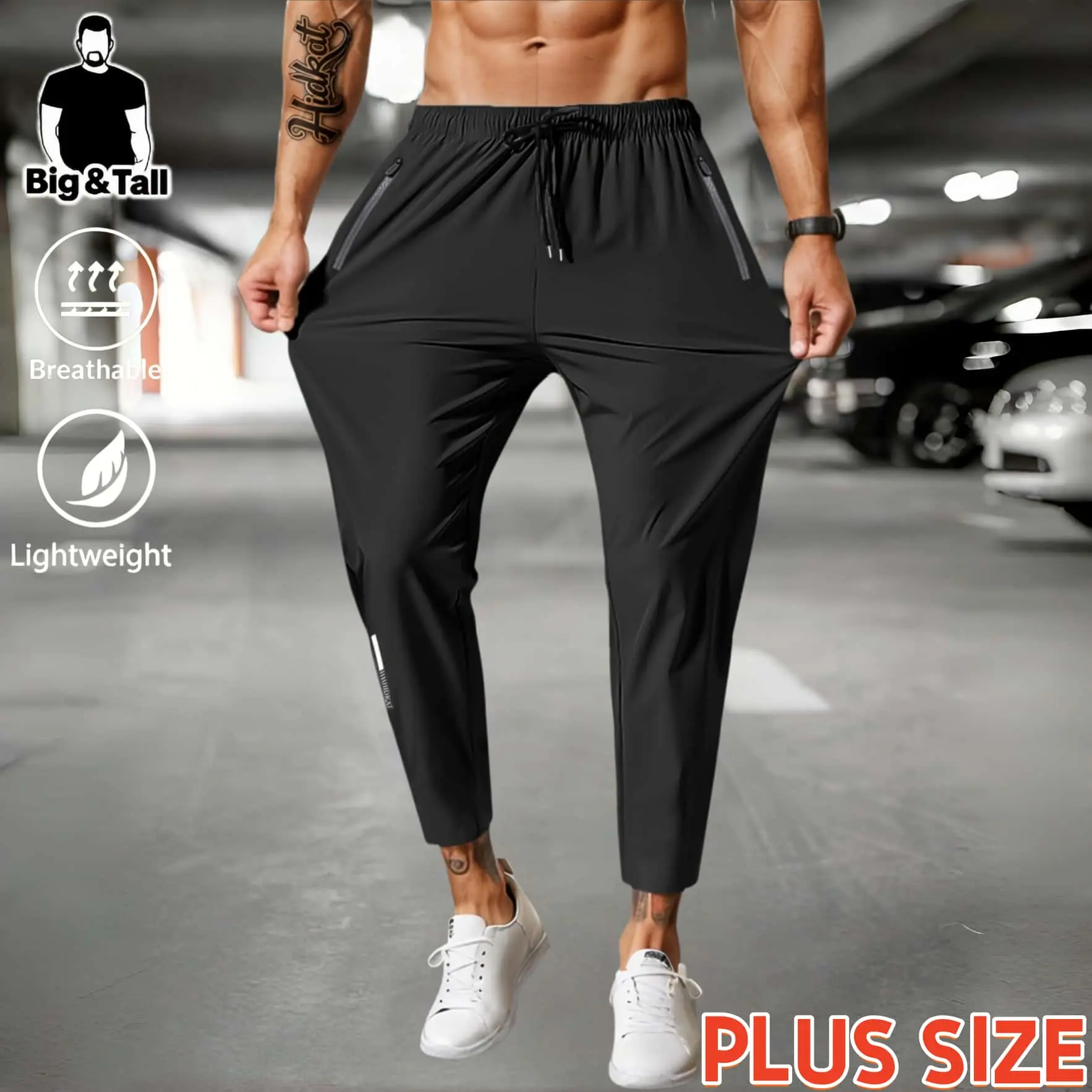 Big & Tall Plus Size Men’s Lightweight Quick Dry Ankle Jogger Pants, Stretch Breathable Athletic Pants with Zipper Pockets, Elastic Drawstring Loose Fit Workout Trousers for Gym Running Casual Summer Streetwear，athleisure wear