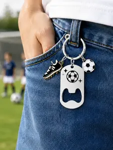 Soccer Keychain Bottle Opener, Stainless Steel Soccer Key Ring with Cleat and Ball Charms, Portable Sports Bag Backpack Keychain, Lightweight Bottle Opener Gift for Soccer Fans, Players, Coaches