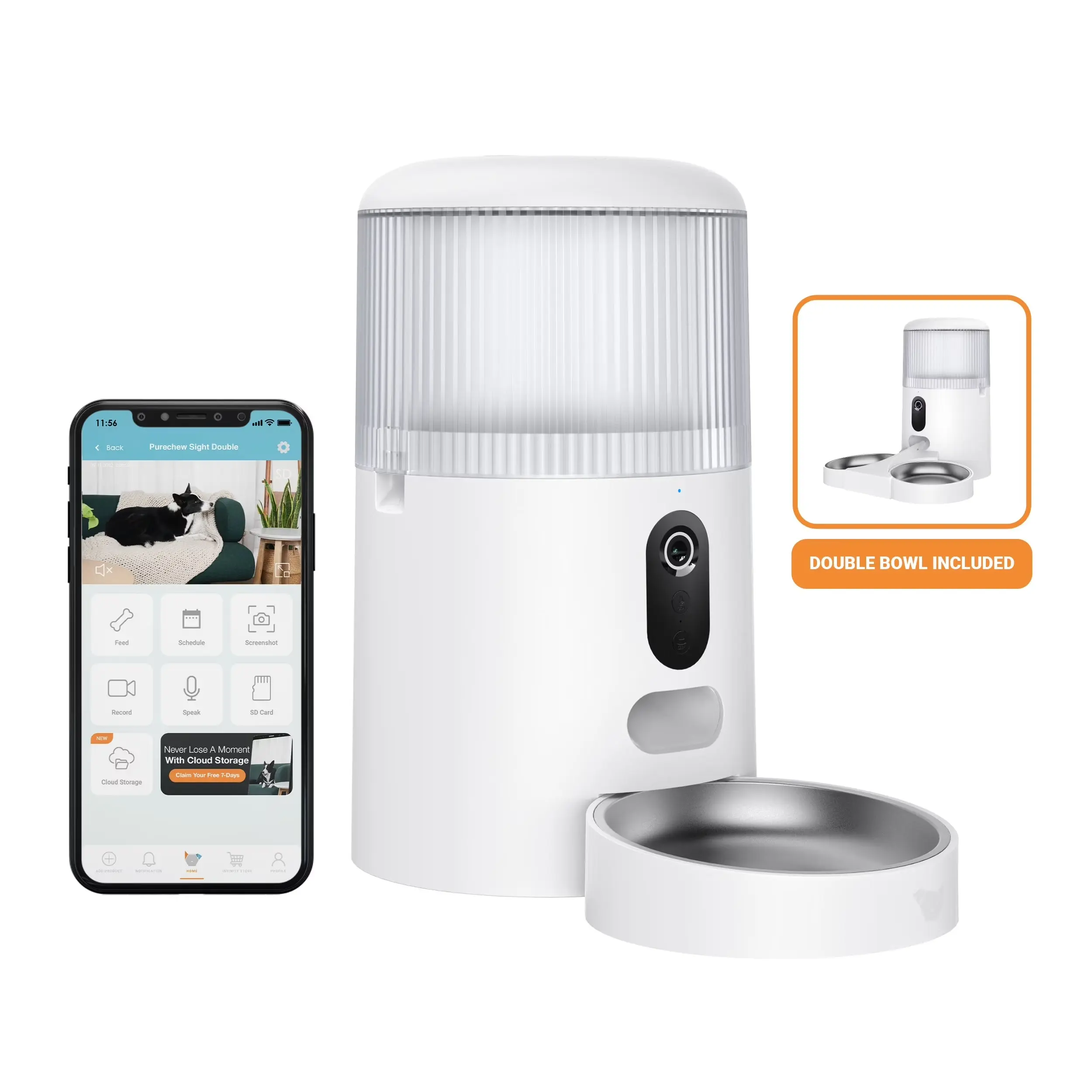Purechew Sight Double Automatic Pet Feeder with 1296p HD Camera, 4L Food Storage Capacity, Double Bowls, App Control, Cloud Storage Compatibility for Cats and Dogs