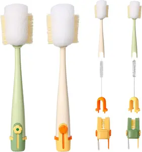 5-in-1 Multifunctional Cleaning Brush Set - Long-Handle Portable Kit with Cup Lid & Straw Cleaner, Hard Bristle Sponge Brush for Kitchen, Tumblers, Baby Containers (White & Green)