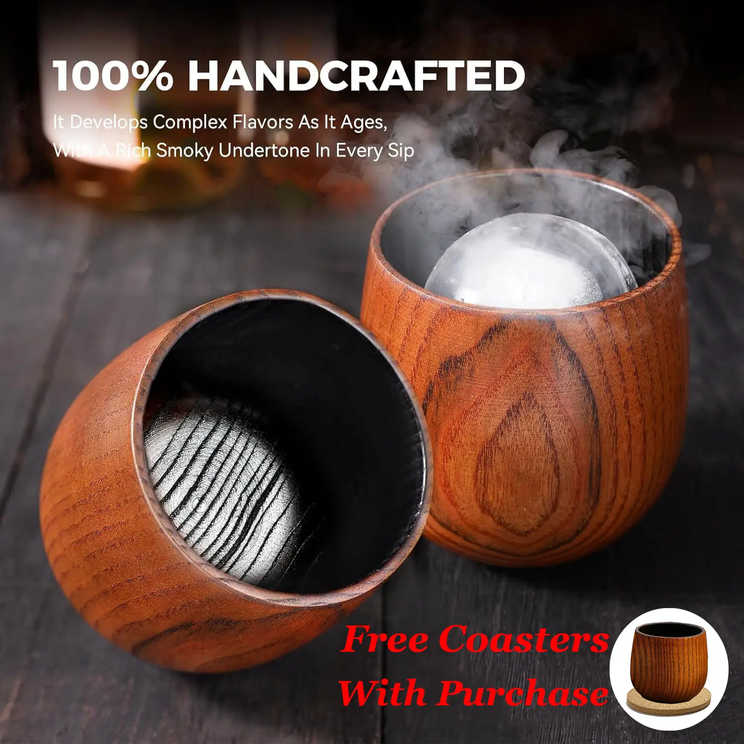 【Holiday Gift】Charred Wooden Bourbon Drinking Glass, Bourbon Gifts for Men, Anniversary Birthday Gifts, Old Fashioned Smoky Wood Whiskey Glasses(1 Pack) Stylish Drinkware
