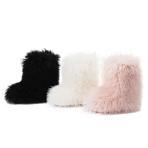 Womens Mid Calf Faux Fur Boots Round Toe Platform Heel Comfy Pull On Plush Snow Boot Fashionable Party Casual Outdoor Chilly Day Booty