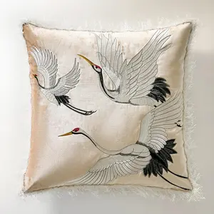 Z Gallerie Crane Embroidered Pillow 20" - Soft Butter Cream/Soft Muted Olive