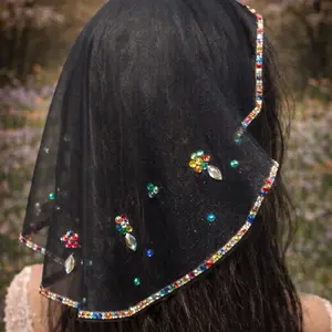 Handmade Black Rhinestone Veil  Colorful Crystal Church Head Covering
