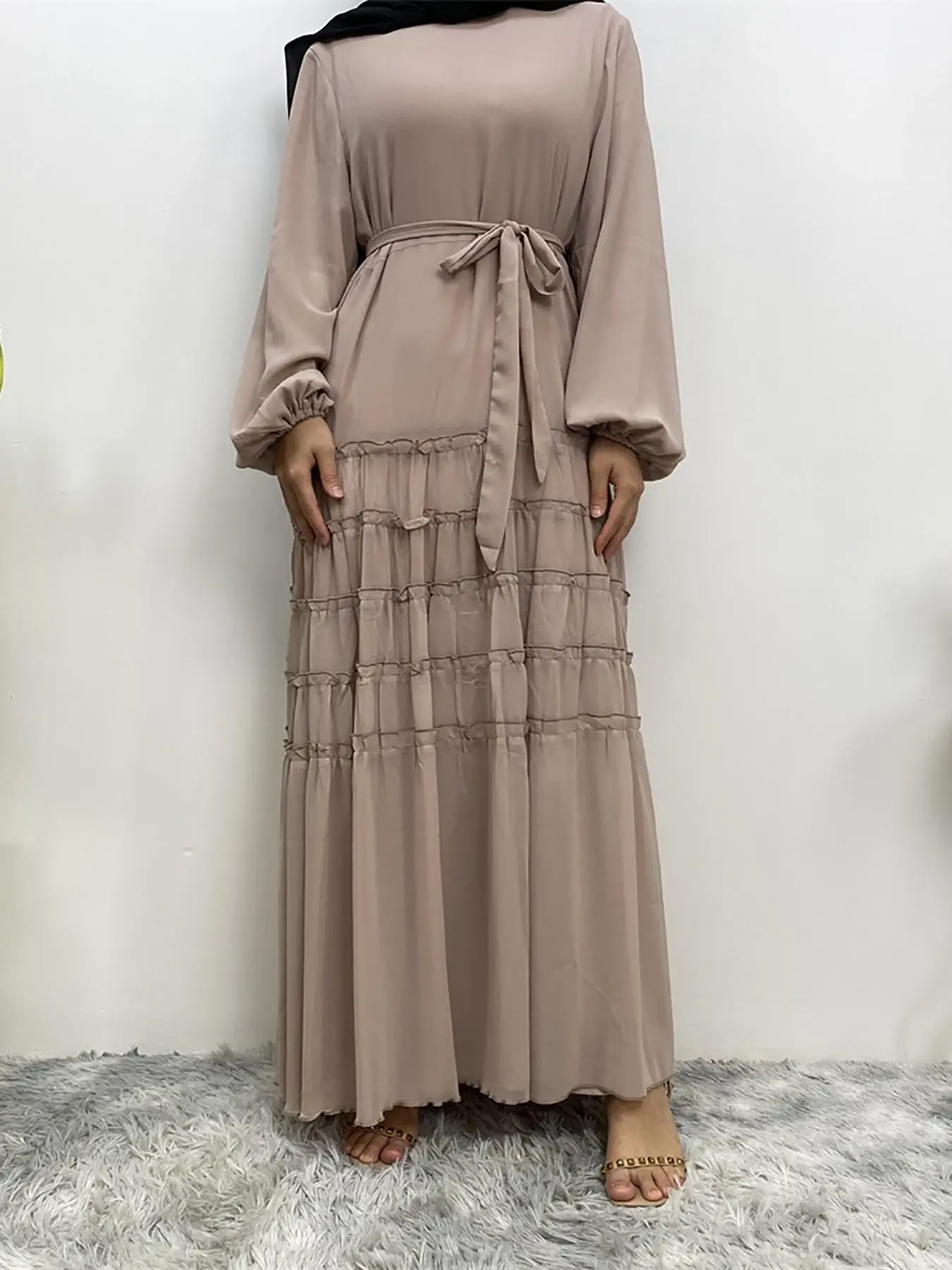 Women's Plain Belted Tiered Layer Dress, Elegant Bishop Sleeve Tie Waist Long Dress for Party Holiday Wedding Guest, Ladies Summer Clothes