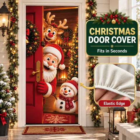 Spandex Christmas Santa Door Cover with Reindeer & Snowman, 2D Flat Front 35.43x82.68in Door Curtain Banner Backdrop, Festive Home Holiday Christmas Decorations