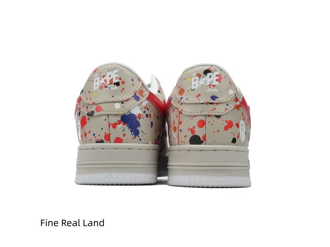 Graffiti Art Style Neutral Chunky Platform Skate Sneakers, Textured Paint Splatter Leather Upper, Solid Red Star Accent, Lightweight Skate Shoes For Men Women