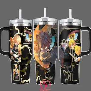 Zenitsu Agatsuma Demon Slayer Thunder Breathing Stainless Steel Insulated Travel Tumbler With Handle 20oz 40oz Anime Lightning Wrap Design Skinny Tumbler