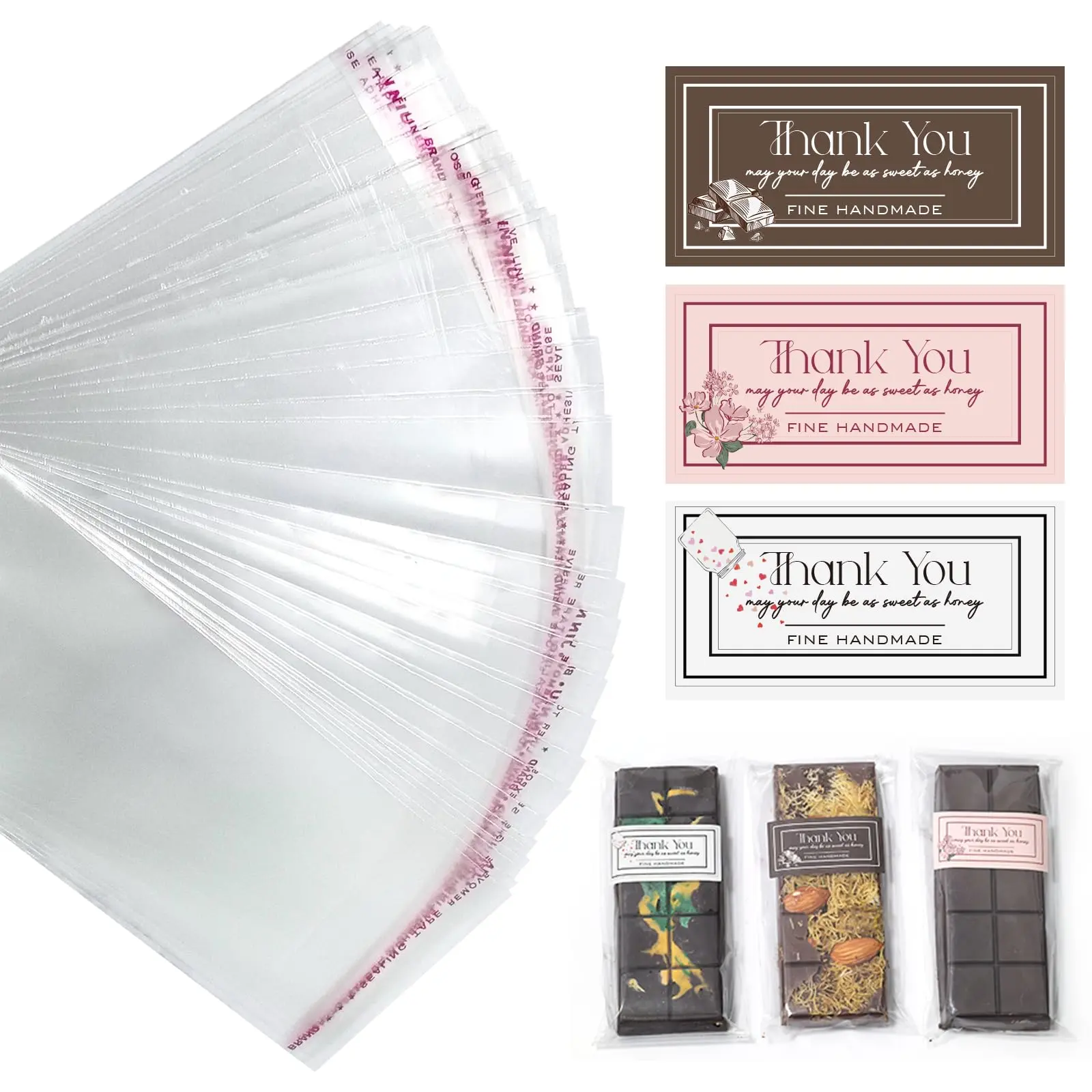 Food-Grade Self-Adhesive Chocolate Bar Wrappers - 2.5x7.1 in, 100pcs Wax Melt Packaging Bags with 104pcs Thank You Stickers, Decor Gifts for Anniversary Party, Gift Packs for Birthday