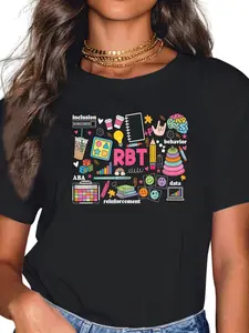 T-Shirt for Female RBT ABA Therapists - Stylish Relaxed Graphic Tee Featuring Behavioral Symbols (Data Sheets, ABC Charts) - Black Top Behavior Technicians - Washable Work Clothing, Technical Apparel, Casual Style Shirt, Round Neck