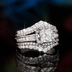 Princess Cut Cushion Halo Engagement Ring Set, Luxury Cubic Zirconia Double Band Wedding Ring for Women, Shiny Full Paved CZ Bridal Jewelry Set, Classic Promise Anniversary Ring, Sterling Silver Plated Elegant Party Daily Wear Ring