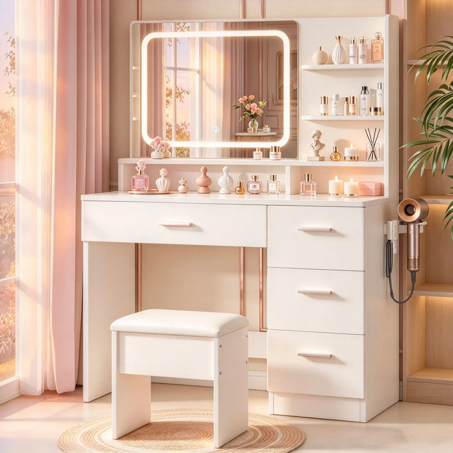 Modern White Vanity with Mirror - LED Illuminated RGB Warm Light Makeup Vanity Set, Drawers, Shelf Storage, Cushioned Stool, Built-In Outlet & USB Power Desk for Bedrooms/Dressing Rooms Teens & Adults, Led Illuminated Makeup Vanities large capacity