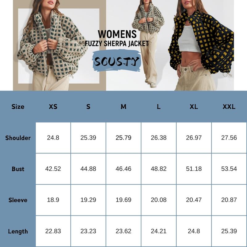 SCUSTY Women Winter Fleece Jacket Plaid Fleece Warm Coat Long-sleeve Zippered Sherpa Jacket with Pockets
