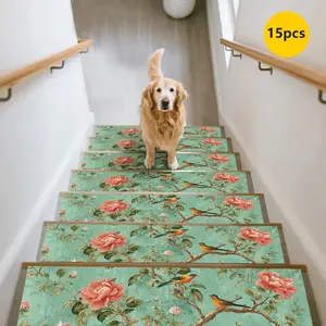 15pc Non-Slip Durable Stair Mats, Farmhouse Floral Bird Pattern, Odorless Home Decor, Indoor Stair Carpet, Stair Step Pads, Stair Protection Mat