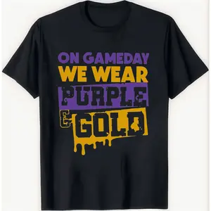 Women's Unisex Distressed Purple-and-Gold Gameday Graphic Crewneck T-Shirt, Team Spirit Fan Apparel for Tailgate Parties, Birthdays