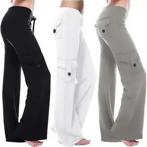 Plus Size Women's High Waist Cargo Yoga Pants - Wide Leg, Bootcut Flare with Multi Pockets for Lounge & Yoga