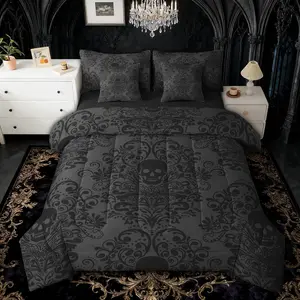 Gothic Skull Comforter Set with Sheets 7 Piece Damask Print Bedding Set for Kids Boys Girls Goth Bohemian Bed in a Bag Dark Olive Green Room Decor Soft Lightweight Microfiber