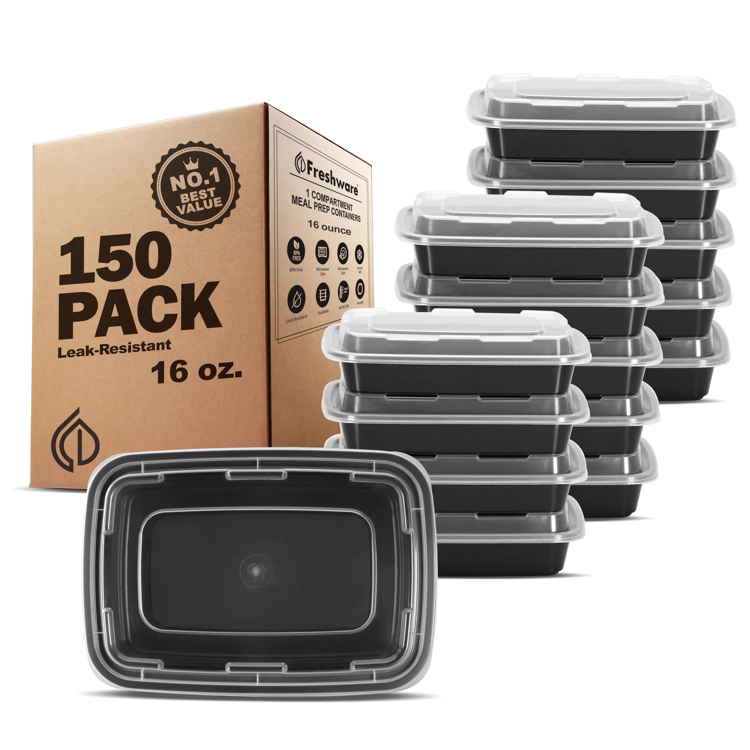 FRESHWARE 16oz Reusable Lunch Containers - 150 Pcs 1-Compartment BPA-Free Plastic Bento, Leak-Proof Locking Lids, Stackable, Microwave & Freezer Safe, Portion-Controlled Food Storage for Work Meals, School Lunches, Meal Prep Ideas, Packing Lunch For My Ki