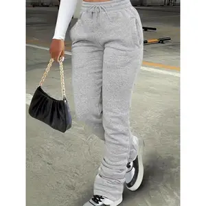 Women's Plain Pocket Drawstring Waist Stackable Sweatpants, Casual Basic Stack Pants for Daily Wear, Ladies' Bottoms for All Seasons, Casual Sport Trousers