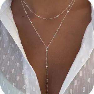 Dainty Silver/Gold Plated Long Necklaces for Women - Y-Shaped Cubic Zirconia Pendant Necklace with Trendy Design