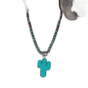 Cactus Pendant Squash Blossom Necklace - Turquoise & Silver