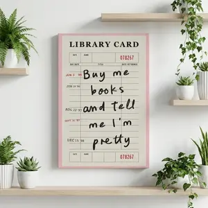 Buy Me Books and Tell Me I'm Pretty Wall Art Decor, Pink Coquette Library Card Aesthetic Posters and Prints, Vintage Book Lover Canvas Artwork, Soft Girl Bookish Home Decor yard humor Kids' Electronic Piggy Bank with Lock