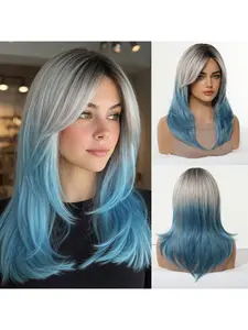 New Full Wig Cap Pink to Dark Brown Ombre Straight Cosplay Wig with Bangs Punk Style Synthetic Fiber Hair for Women