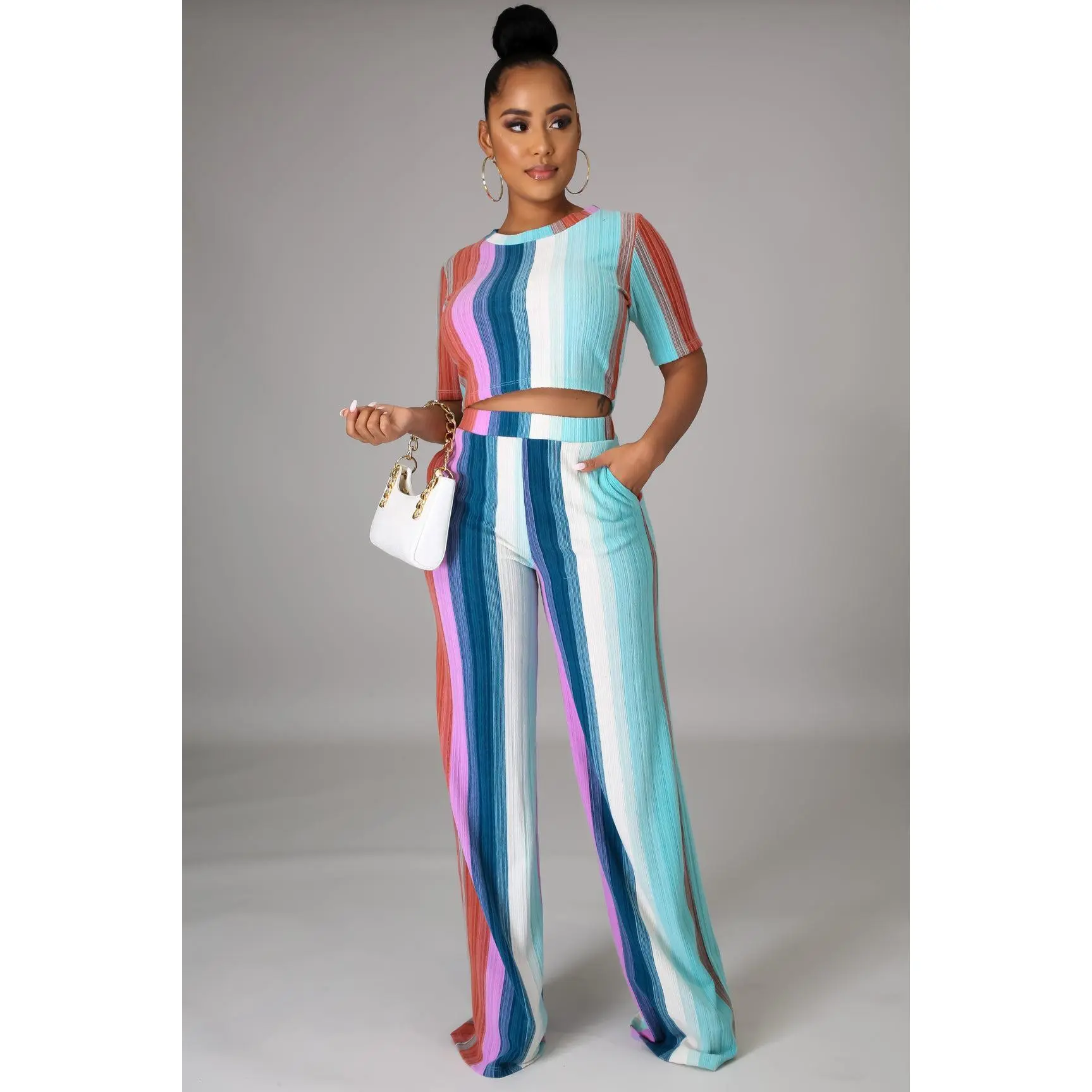 Bombshell Sweet Set - Multi Color Stretch 2pc Set Short Sleeve Crop Top & High Waist Pants All Seasons Dopamine Style