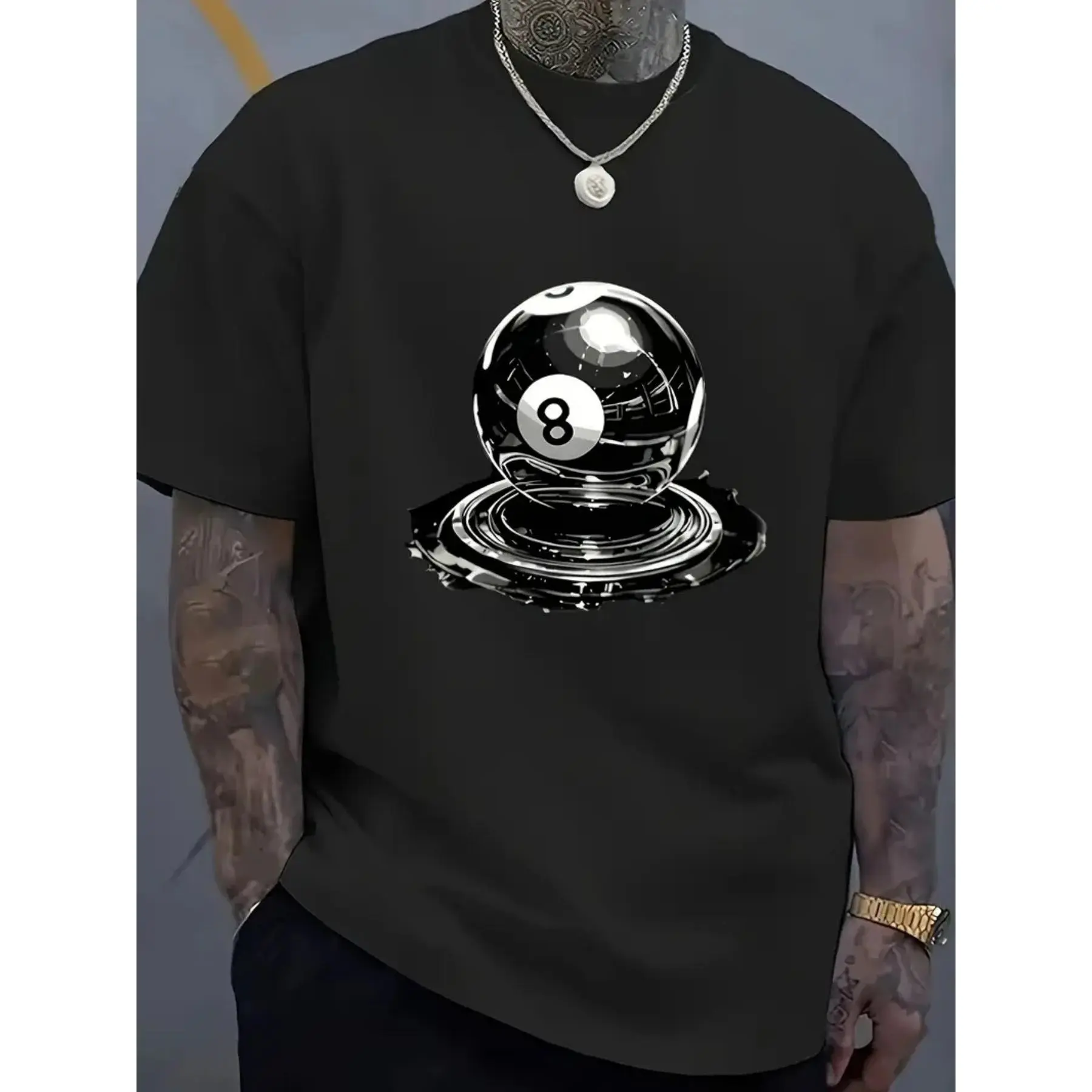Men's Streetwear T-Shirt with 8-Ball Graphic Print, Loose Fit Drop Shoulder Pullover, Cotton Blend Rib-Knit Fabric, Round Neck, Adult, Shortsleeve, Tshirt, Casual Fit, Stretch, Polyester