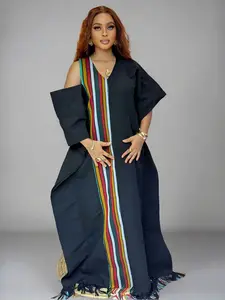 Ajọ Spectrum Boubou - Wide Sleeve Black Aso Oke Fabric with Multicolored Stripes & Asymmetric Neckline for Events