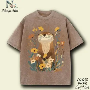 Women's Short Sleeved T-shirt with Otter and Plant Prints - Soft Round Neck Shirt, Multiple Colors | - Casual Washed T-shirt | Machine Washable Retro Top, Suitable for Wearing All Year Round Mother's Day Holiday Gift TikTok Shop Deals
