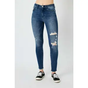 Judy Blue Full Size High Waist Distressed Skinny Jeans Style Washed Pocketed Denim Moderate Stretch Comfortable Fit