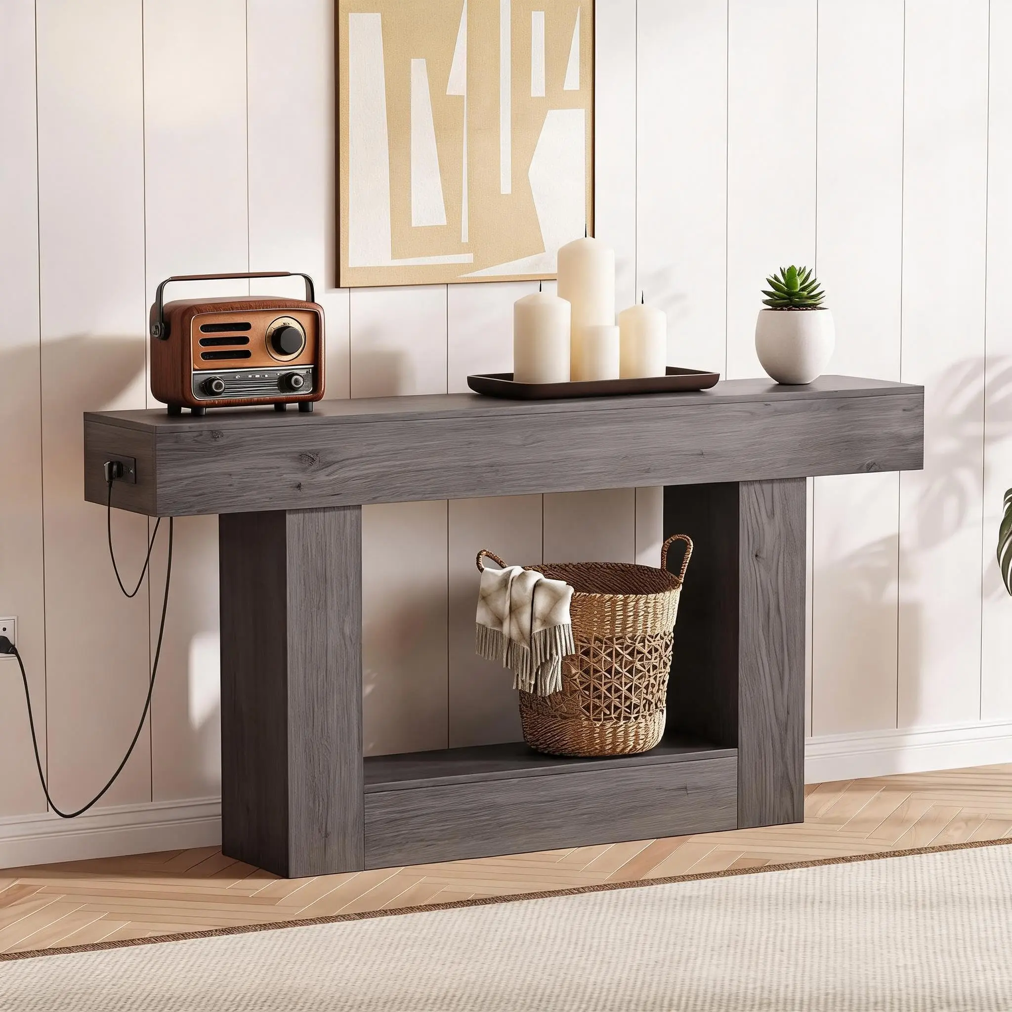 Garvee 63 Inch Farmhouse Console Table with 2-Tier Storage Shelves and Built-in Power Outlets, Gray Particleboard Sofa Table for Entryway, Living Room, or Hallway Accent