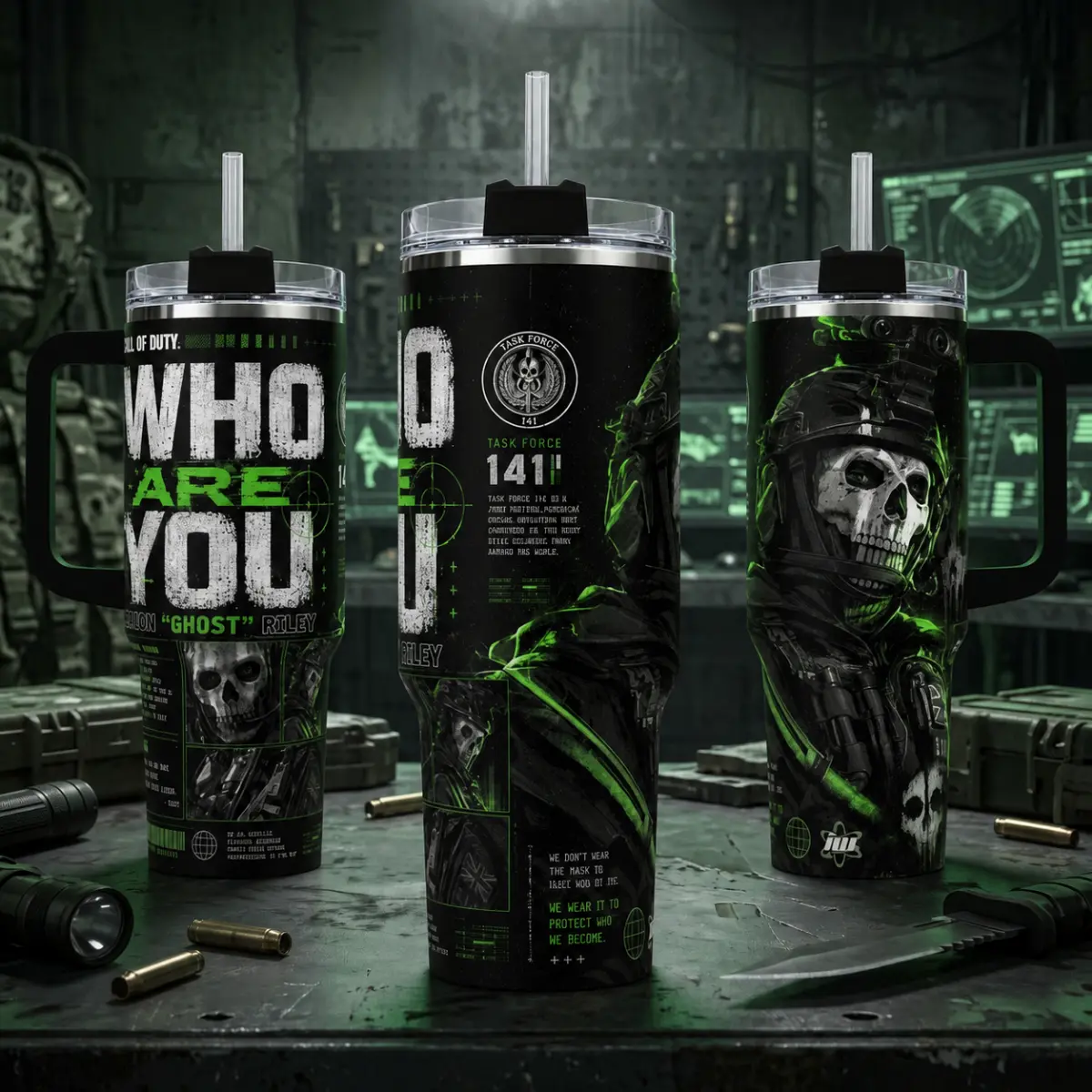 Call of Duty Tumbler, Simon "Ghost" Riley Task Force 141 40oz Cup with Handle, FPS Gaming Stainless Steel Cup, Insulated Double Wall Vacuum Flask, Fan Gift For Fire Gamer lid