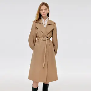 NEW GOELIA Worsted Wool Lantern Sleeve Women Trench Coat With Leather Belt Tops Fit
