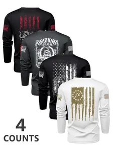 Men's Trendy Long Sleeve Graphic T-Shirt Set, 4-Piece Spring & Fall Casual Fitted Top, Comfortable Streetwear Daily Wear Fabric