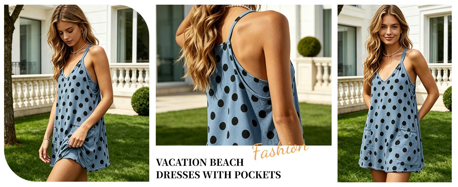 SCUSTY Women's Summer Polka Dot Tennis Dress Sleeveless Spaghetti Straps V Neck Mini Dress with Built-in Shorts Casual Athletic Dress with Pockets