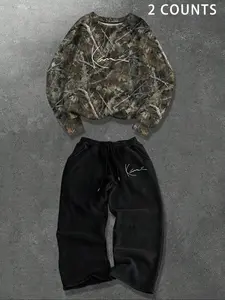 Urban American Vintage Branch Matching Sweatshirt Set, Loose Fit Letter Print Sweatsuit, Casual H-Type Long Sleeve Pants, Fall & Winter Outdoors