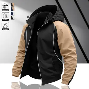 Men's contrasting color splicing reflective strip hooded jacket, light and thin windproof fabric, zipper pocket, street function wind, daily commuting adaptation, trendy personalized style