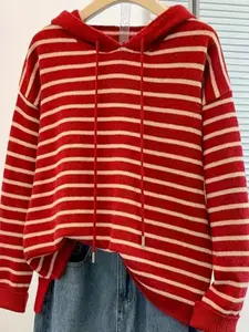 Women's Simple Striped Hoodie Sweater, Colorblock, Casual Loose-Fitting, Fall & Winter Wear, All Seasons Suitable, Womenswear
